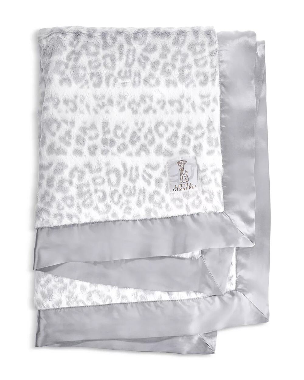 NEW Little Giraffe Luxe Leopard Faux Fur Baby Blanket Gray Satin Trim